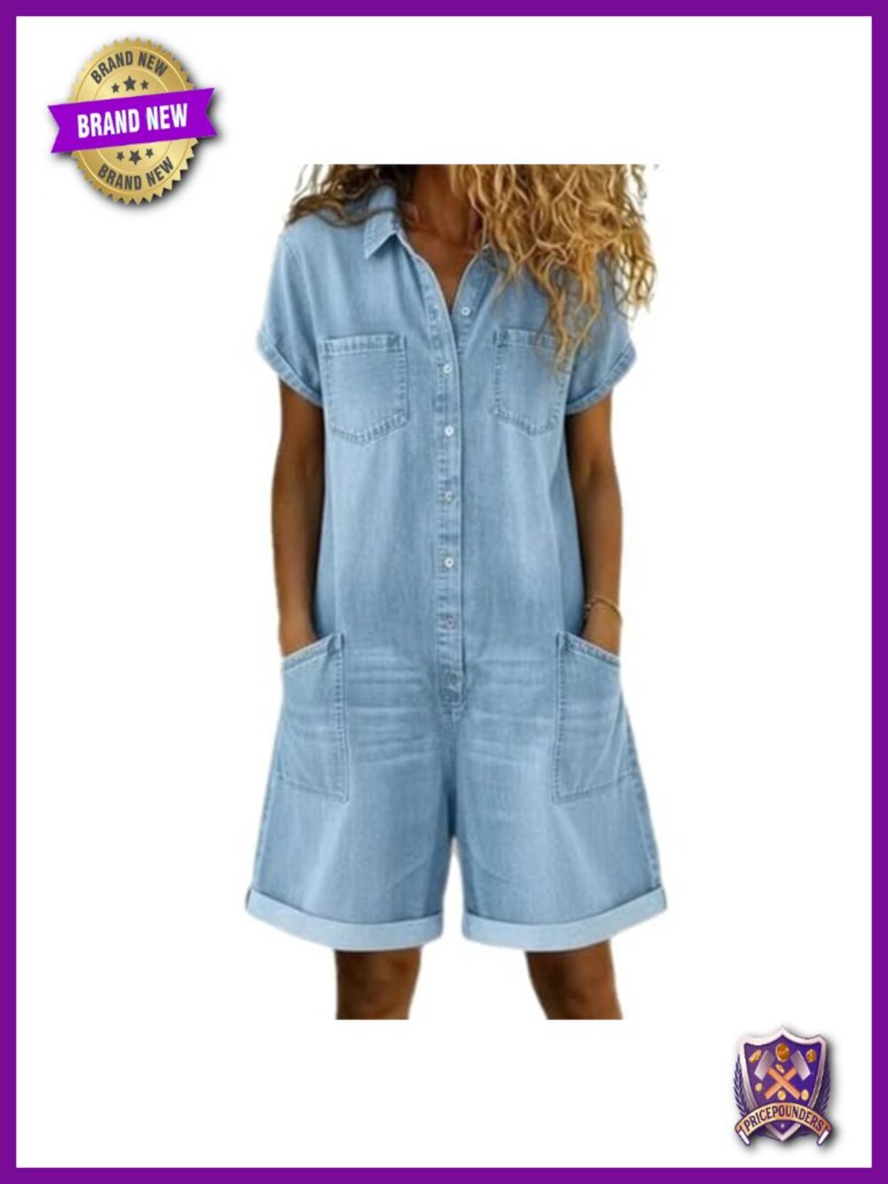 High Elasticity Denim Short Sleeve Button Down Loose Fit Jean Jumpsuit with